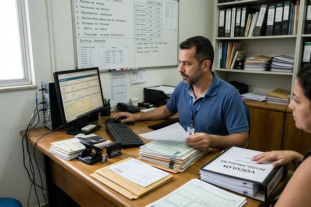 Despachante auxiliando na regularização de veículos em Coronel Fabriciano, com papéis e ferramentas de trabalho à vista.