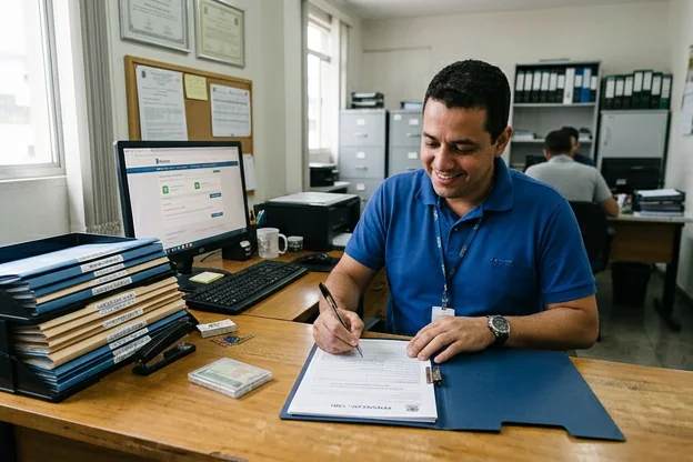 Despachante cuidando da renovação da CNH em Coronel Fabriciano, cercado de documentos e equipamentos necessários.