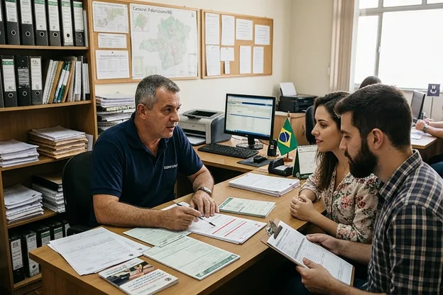 Despachante fornecendo conselhos para evitar multas em Coronel Fabriciano, com papéis e telefone ao fundo.